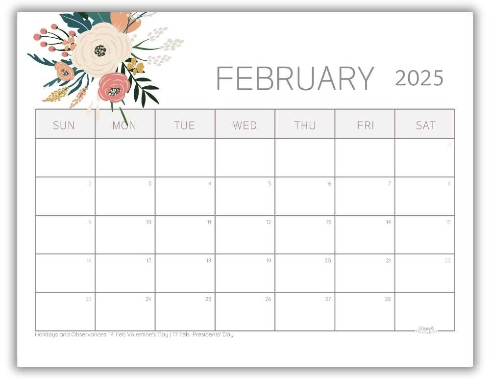 Printable Monthly Calendar February 2025 Lovely Floral with US Holidays