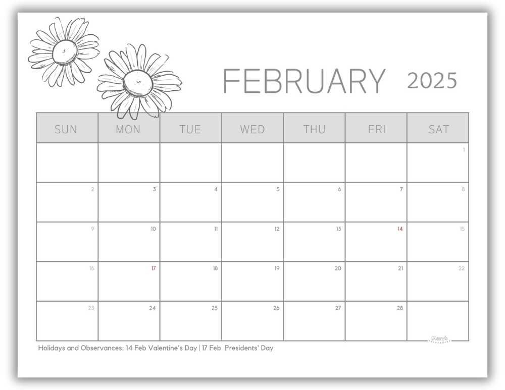 Printable Monthly Calendar February 2025 Black and White Floral with US Holidays