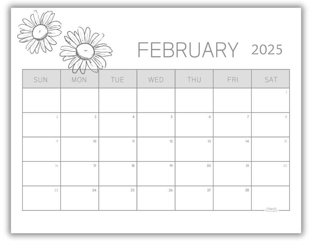 Printable Monthly Calendar February 2025 Black and White Floral Free Template