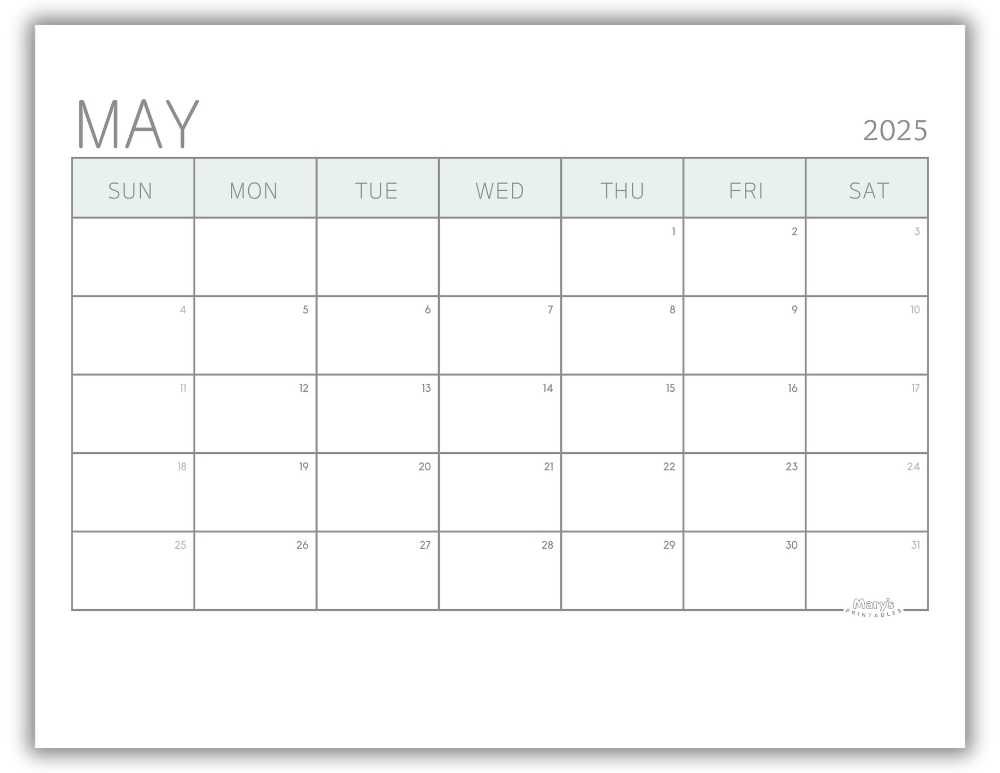 Printable Monthly Calendar for May 2025 Green Minimalist Free Template