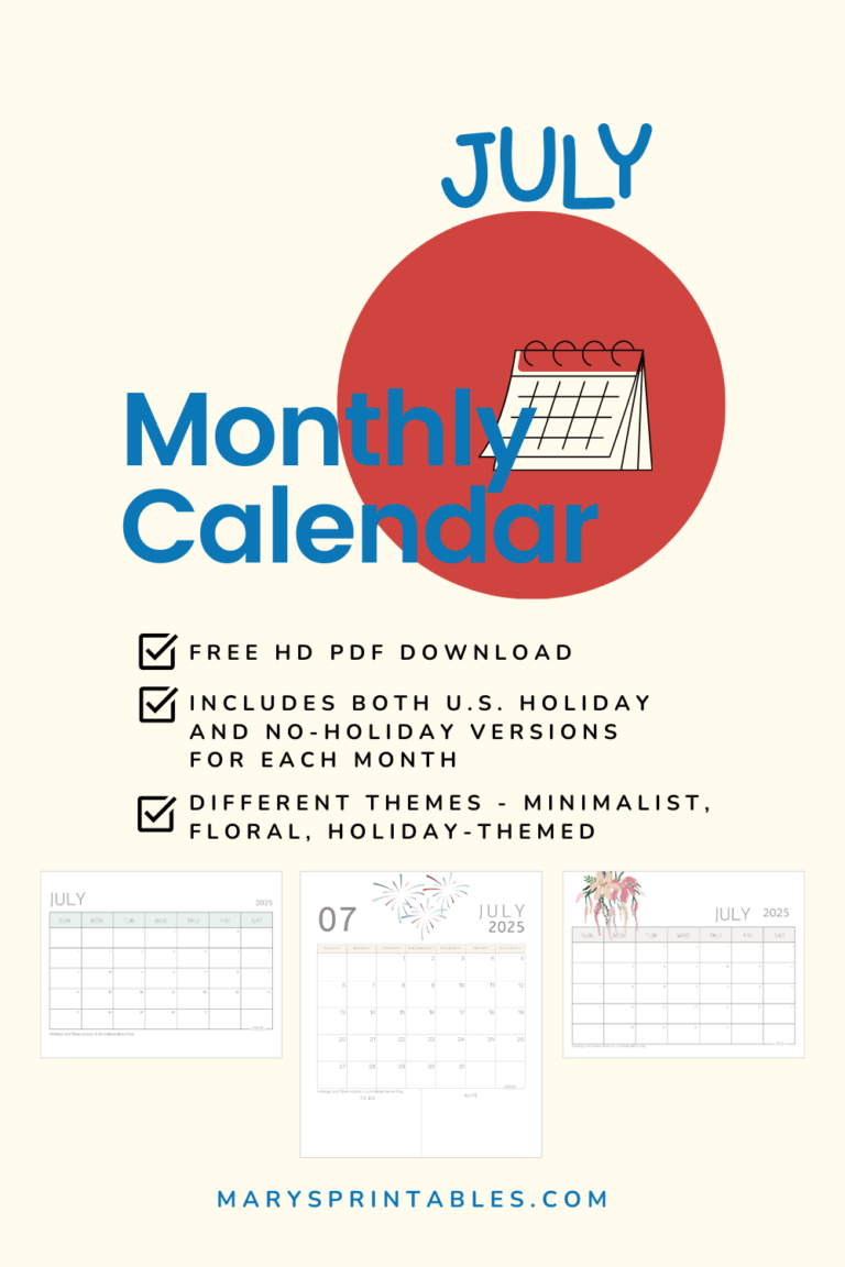 Printable July 2025 Calendar: Download Different Styles for Free
