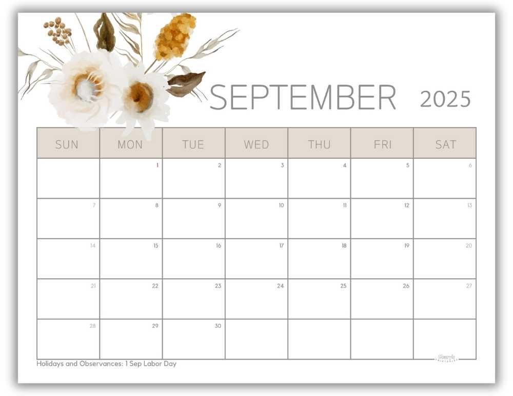 Printable Monthly Calendar for September 2025 Watercolor Floral with US Holidays