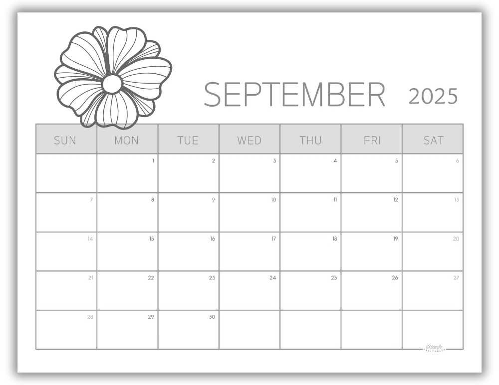 Printable Monthly Calendar for September 2025 Black and White Floral Free Template