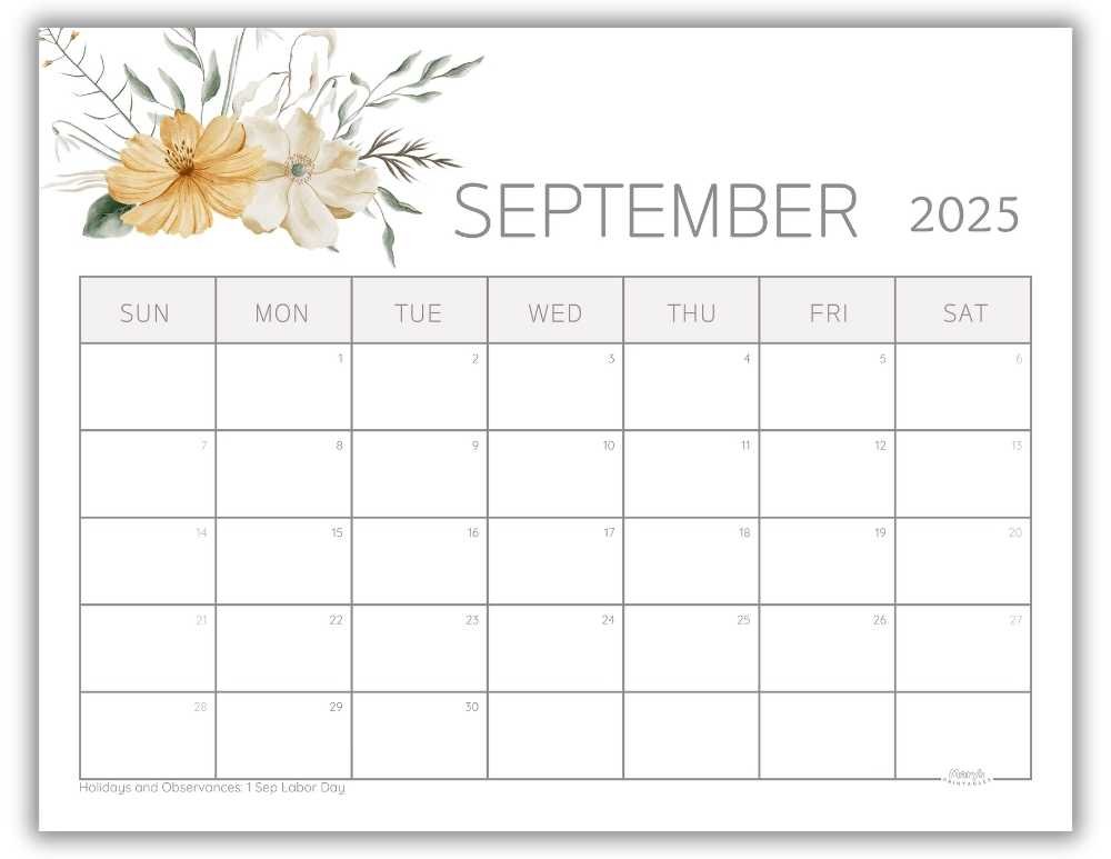 Printable Monthly Calendar for September 2025 Lovely Floral with US Holidays