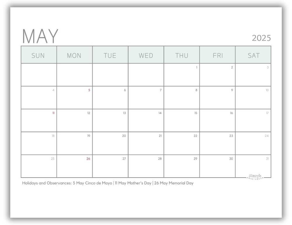 Printable Monthly Calendar for May 2025 Green Minimalist with US Holidays
