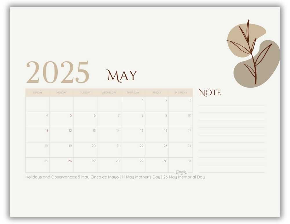 Printable Monthly Calendar for May 2025 Neutral Minimalist with US Holidays