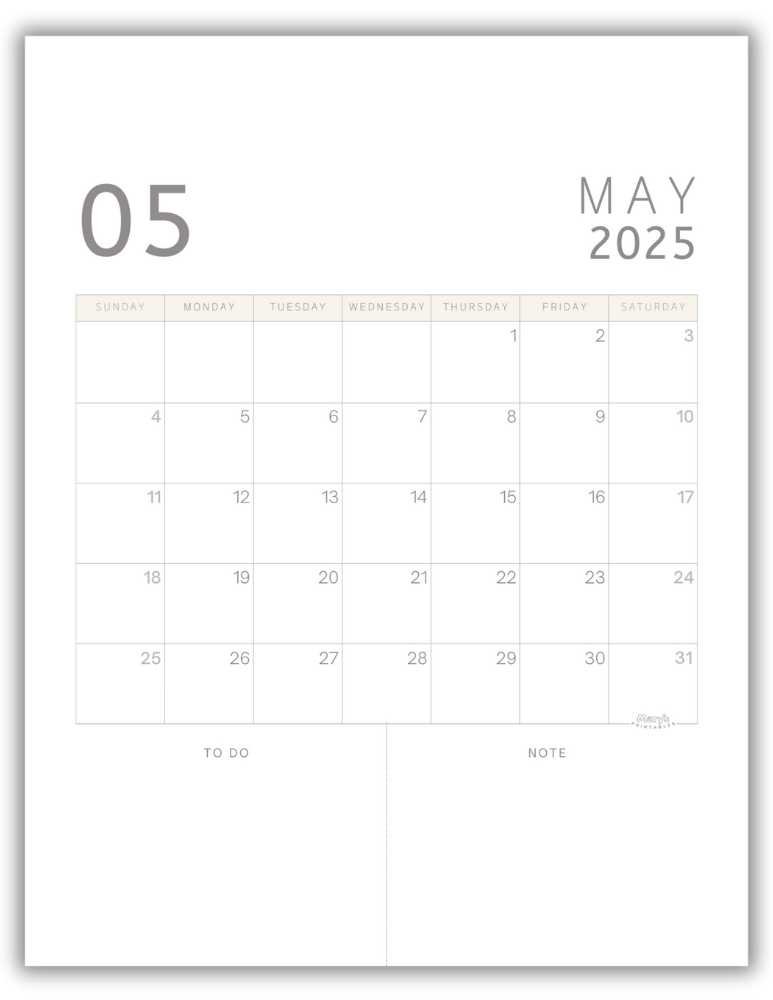 Printable Monthly Calendar for May 2025 Classic Minimalist Free Template