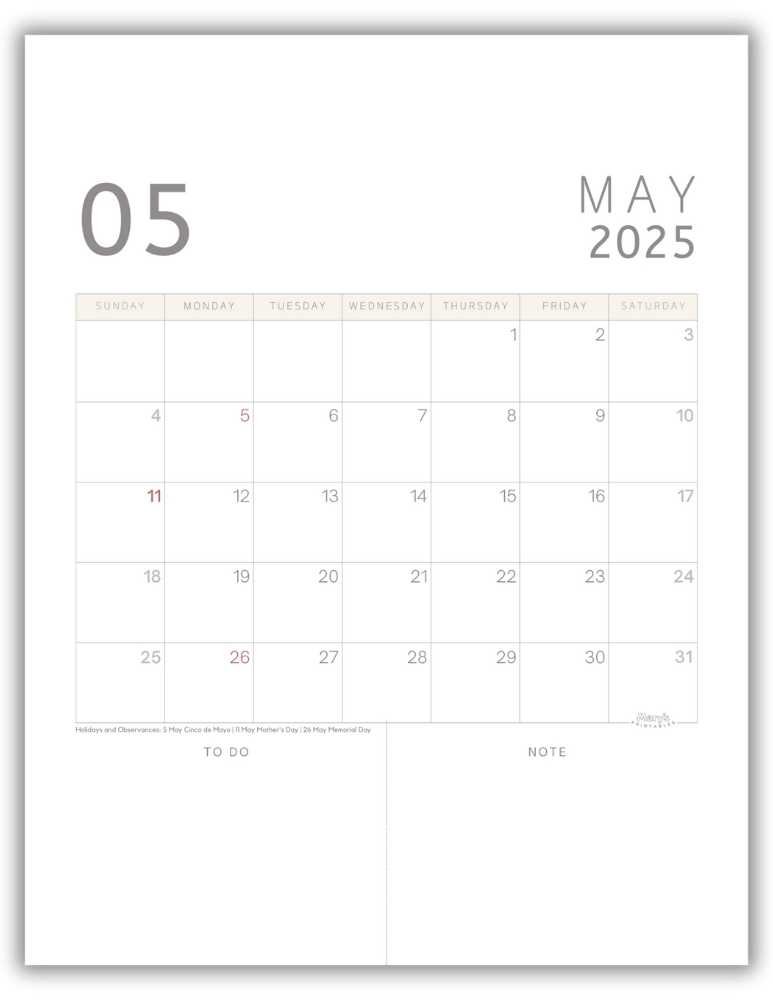 Printable Monthly Calendar for May 2025 Classic Minimalist with US Holidays