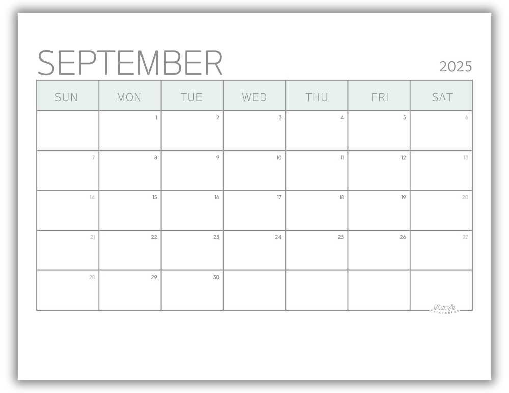 Printable Monthly Calendar for September 2025 Green Minimalist Free Template