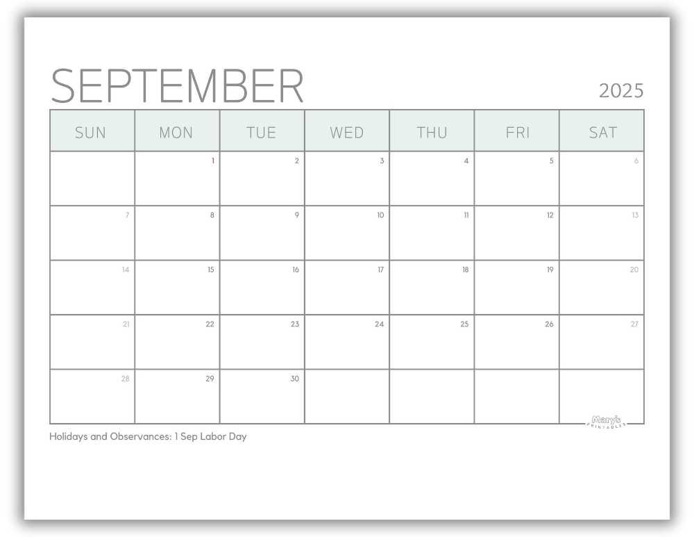 Printable Monthly Calendar for September 2025 Green Minimalist with US Holidays