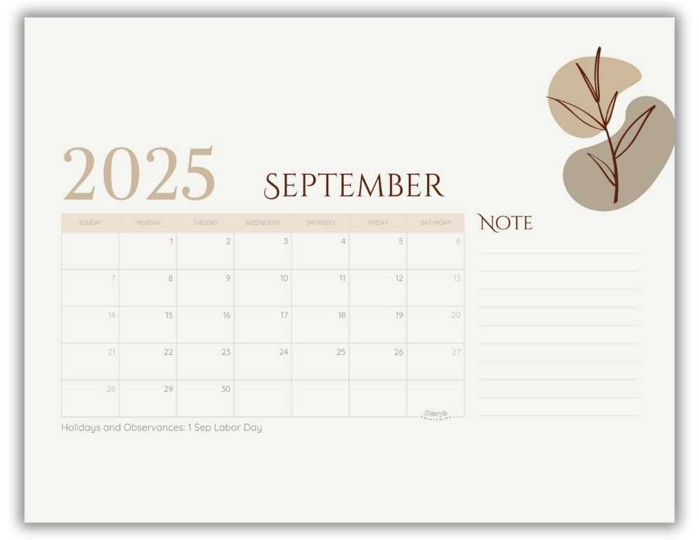 Printable Monthly Calendar for September 2025 Neutral Minimalist with US Holidays