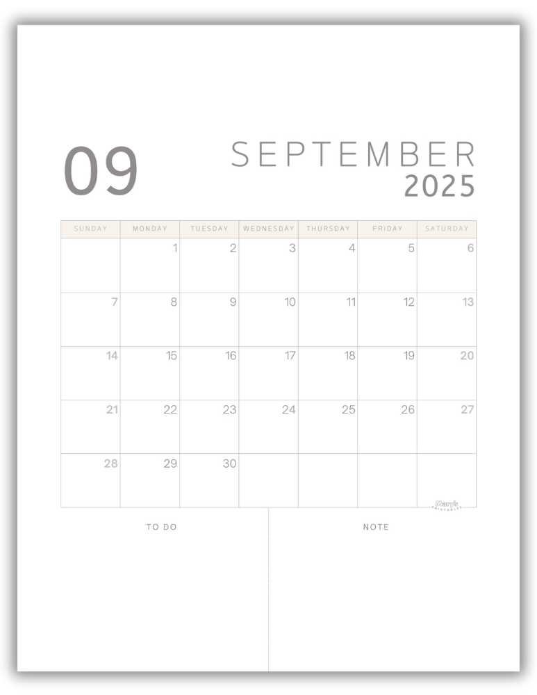 Printable Monthly Calendar for September 2025 Classic Minimalist Free Template