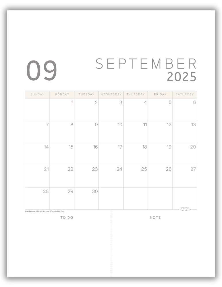 Printable Monthly Calendar for September 2025 Classic Minimalist with US Holidays