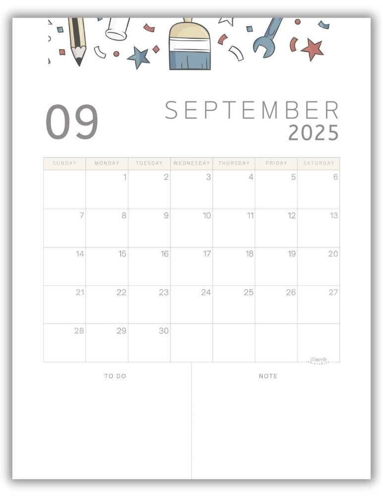 Printable Monthly Calendar for September 2025 Cute Back to School-Themed Free Template
