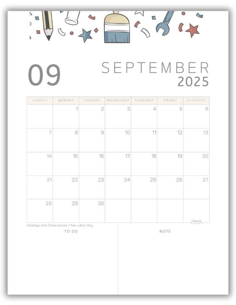 Printable Monthly Calendar for September 2025 Cute Back to School-Themed with US Holidays