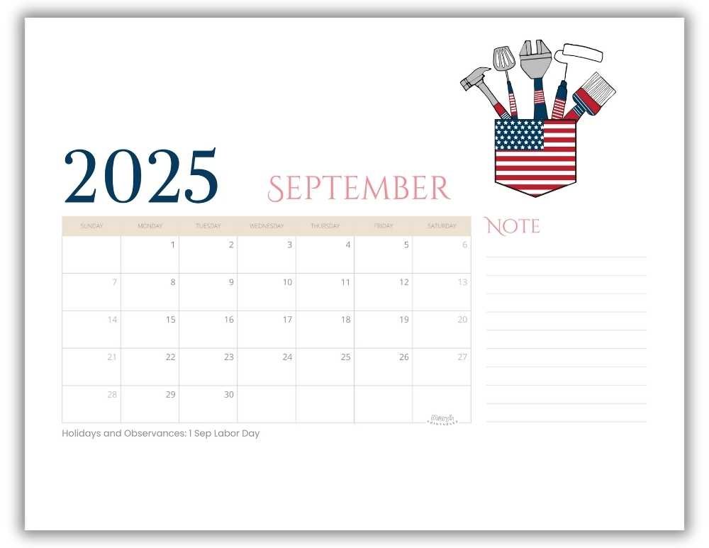 Printable Monthly Calendar for September 2025 Classic Back to School-Themed with US Holidays