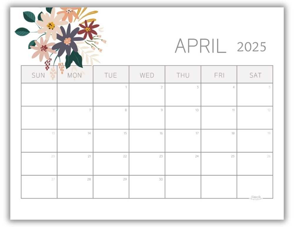 Printable Monthly Calendar for April 2025 Lovely Floral Free Template