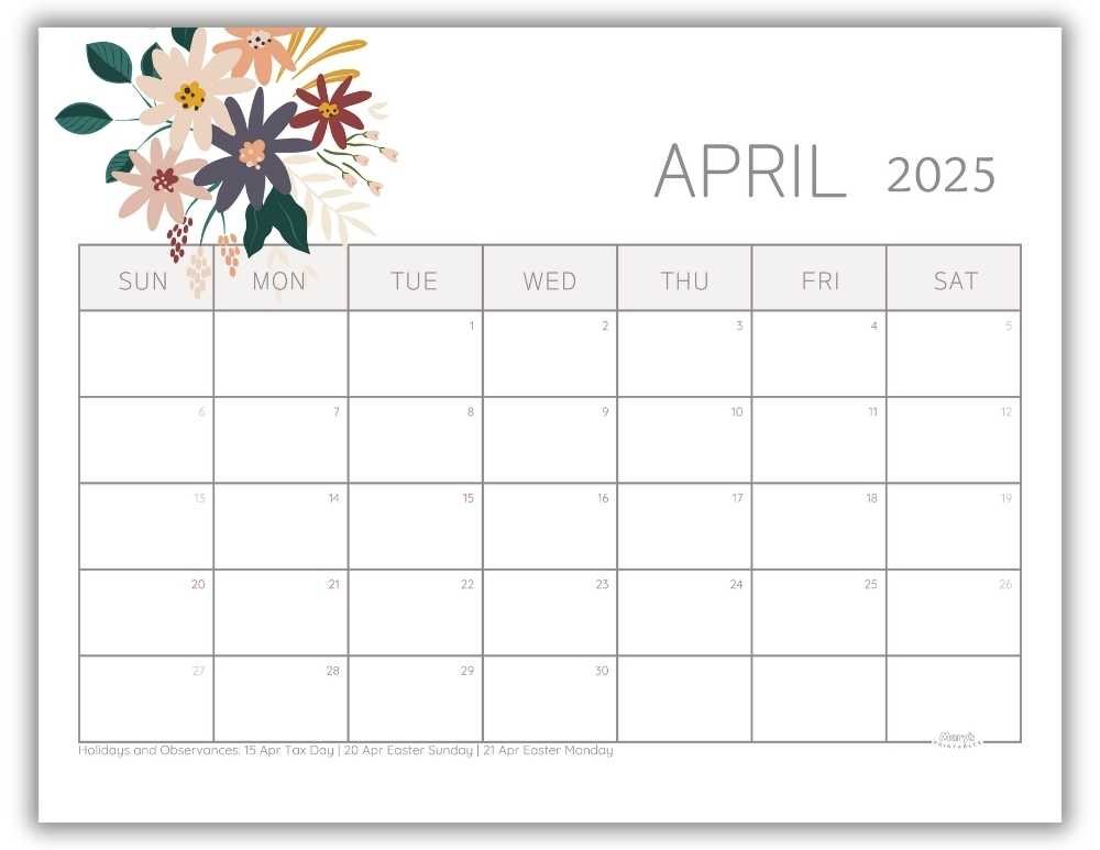 Printable Monthly Calendar for April 2025 Lovely Floral with US Holidays