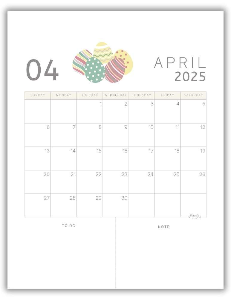 Printable Monthly Calendar for April 2025 Classic Easter-Themed Free Template