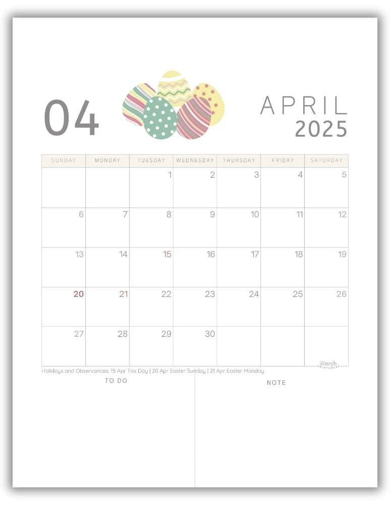 Printable Monthly Calendar for April 2025 Classic Easter-Themed with US Holidays
