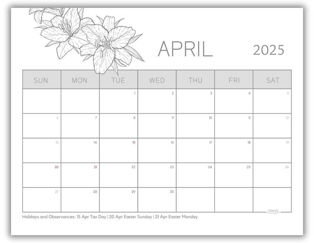 Printable Monthly Calendar for April 2025 Black and White Floral with US Holidays