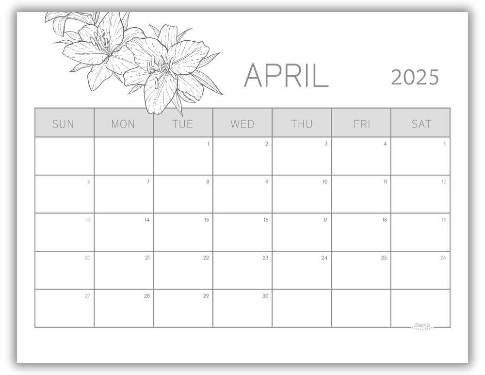 Printable Monthly Calendar for April 2025 Black and White Floral Free Template