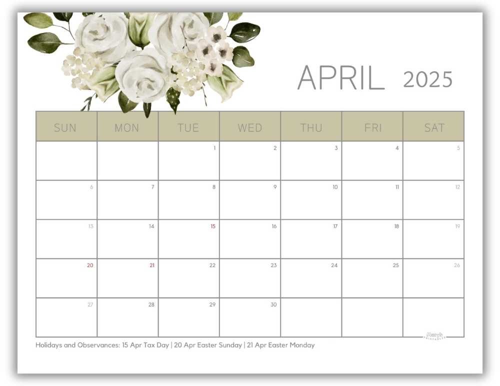 Printable Monthly Calendar for April 2025 Watercolor Floral with US Holidays