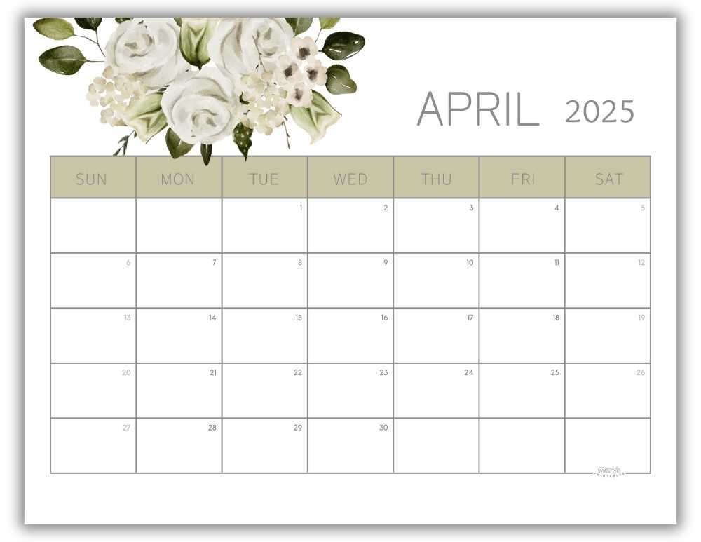 Printable Monthly Calendar for April 2025 Watercolor Floral Free Template