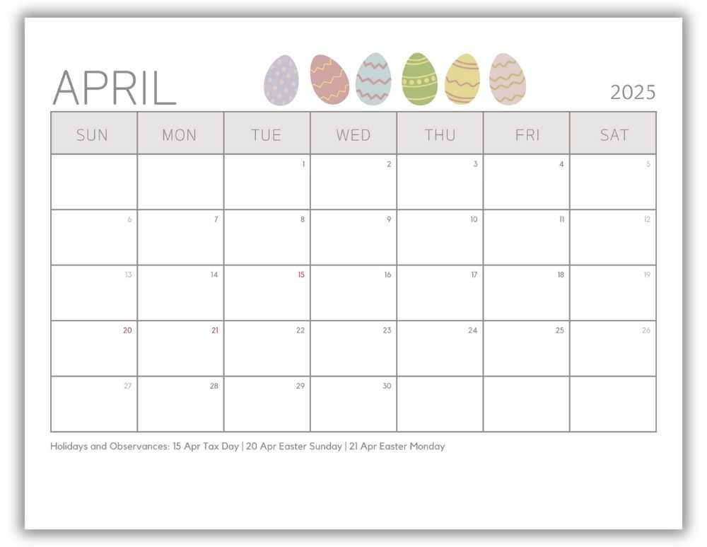 Printable Monthly Calendar for April 2025 Minimalist Easter-Themed with US Holidays