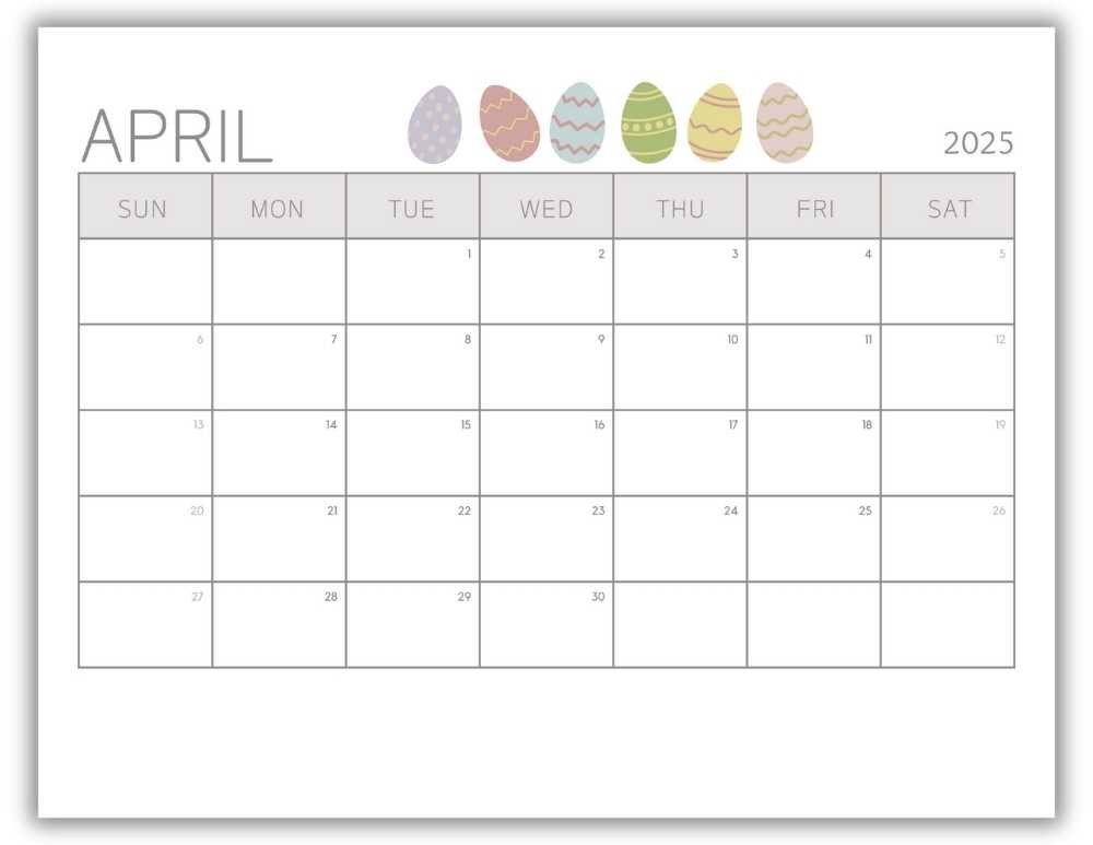 Printable Monthly Calendar for April 2025 Minimalist Easter-Themed Free Template