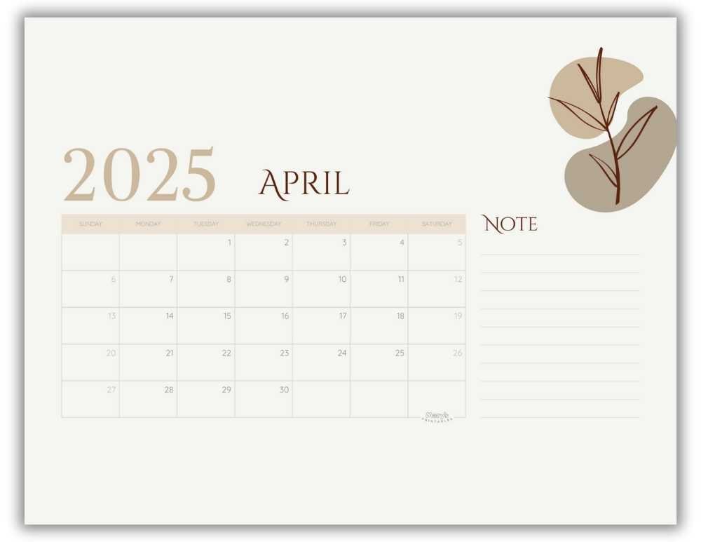 Printable Monthly Calendar for April 2025 Neutral Minimalist Free Template