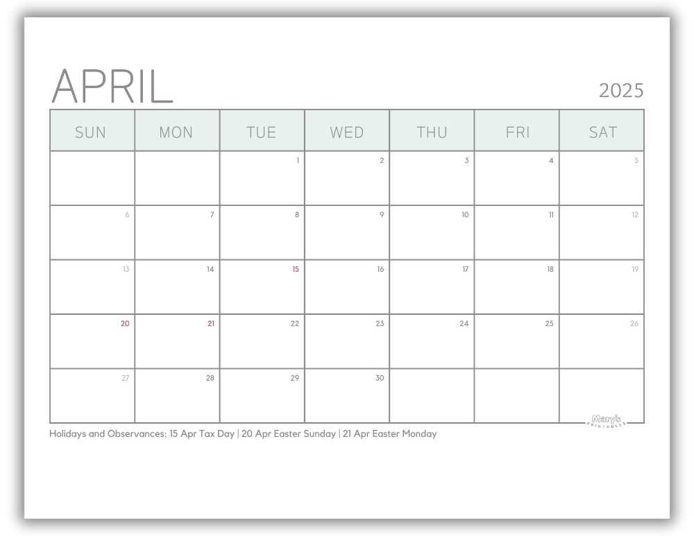 Printable Monthly Calendar for April 2025 Green Minimalist with US Holidays
