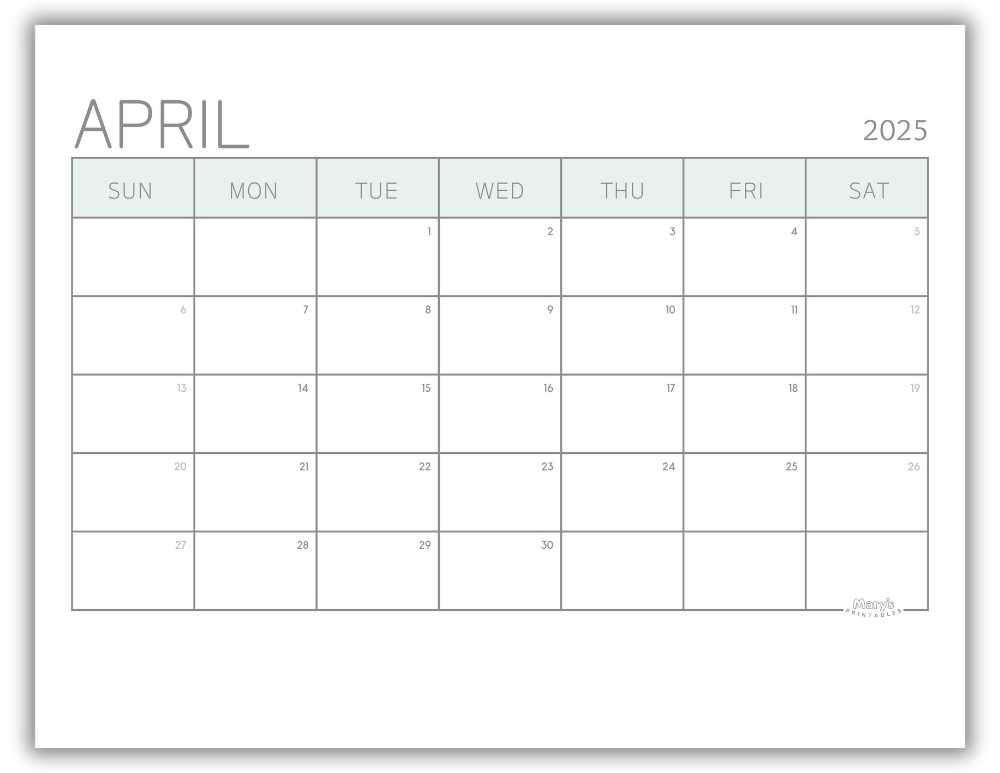 Printable Monthly Calendar for April 2025 Green Minimalist Free Template