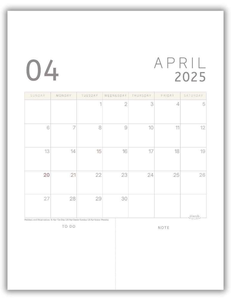 Printable Monthly Calendar for April 2025 Classic Minimalist with US Holidays