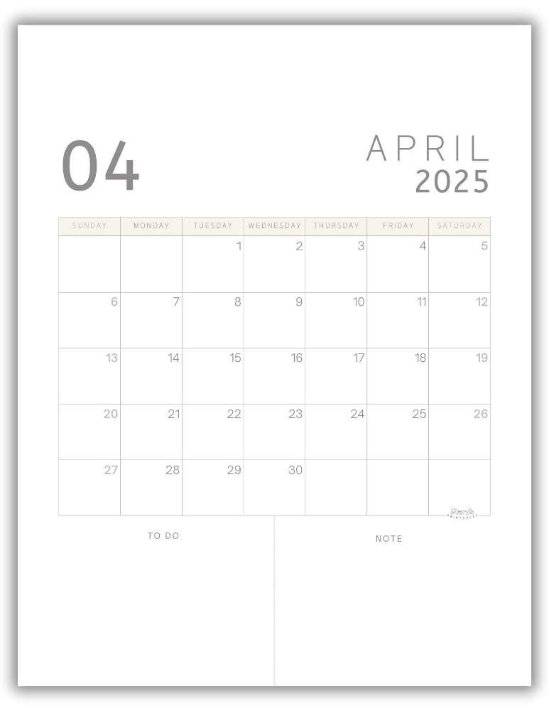 Printable Monthly Calendar for April 2025 Classic Minimalist Free Template