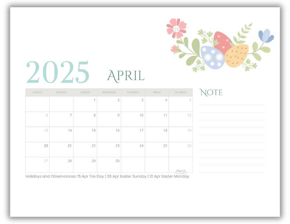 Printable Monthly Calendar for April 2025 Cute Easter-Themed with US Holidays