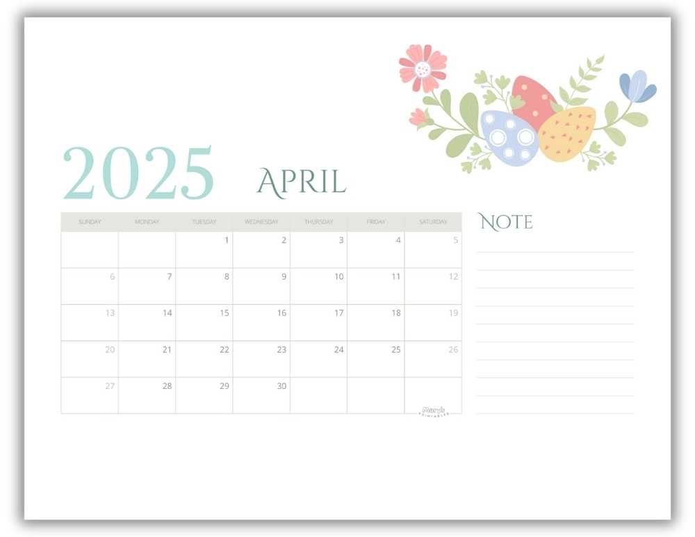 Printable Monthly Calendar for April 2025 Cute Easter-Themed Free Template