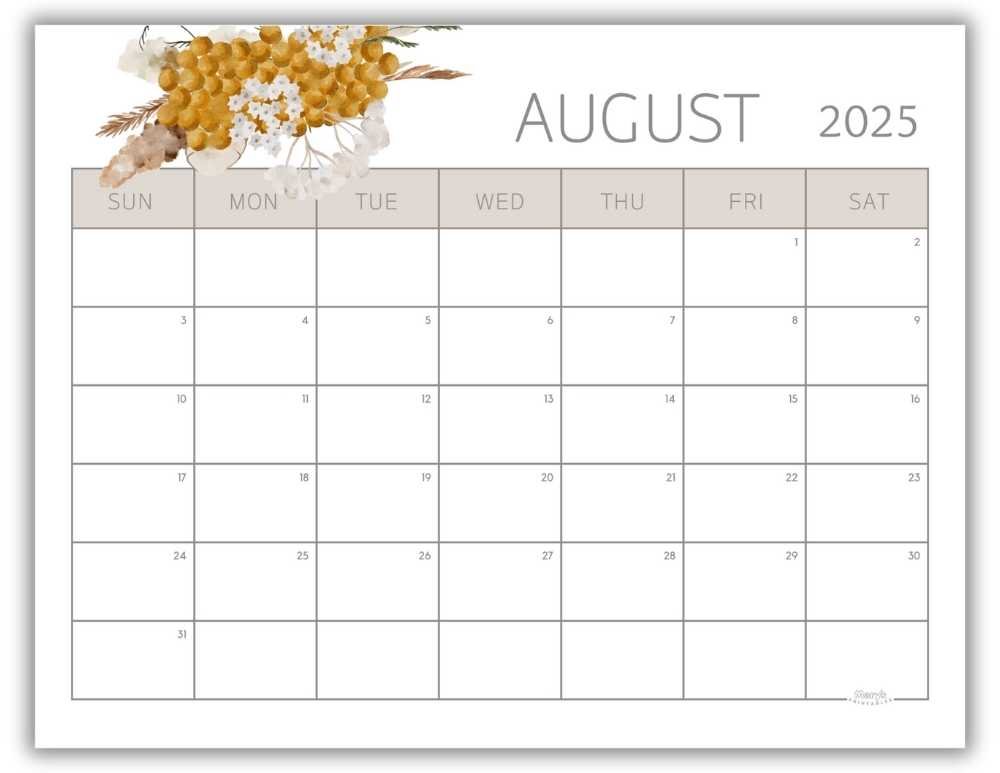 Printable Monthly Calendar for August 2025 Lovely Floral Free Template