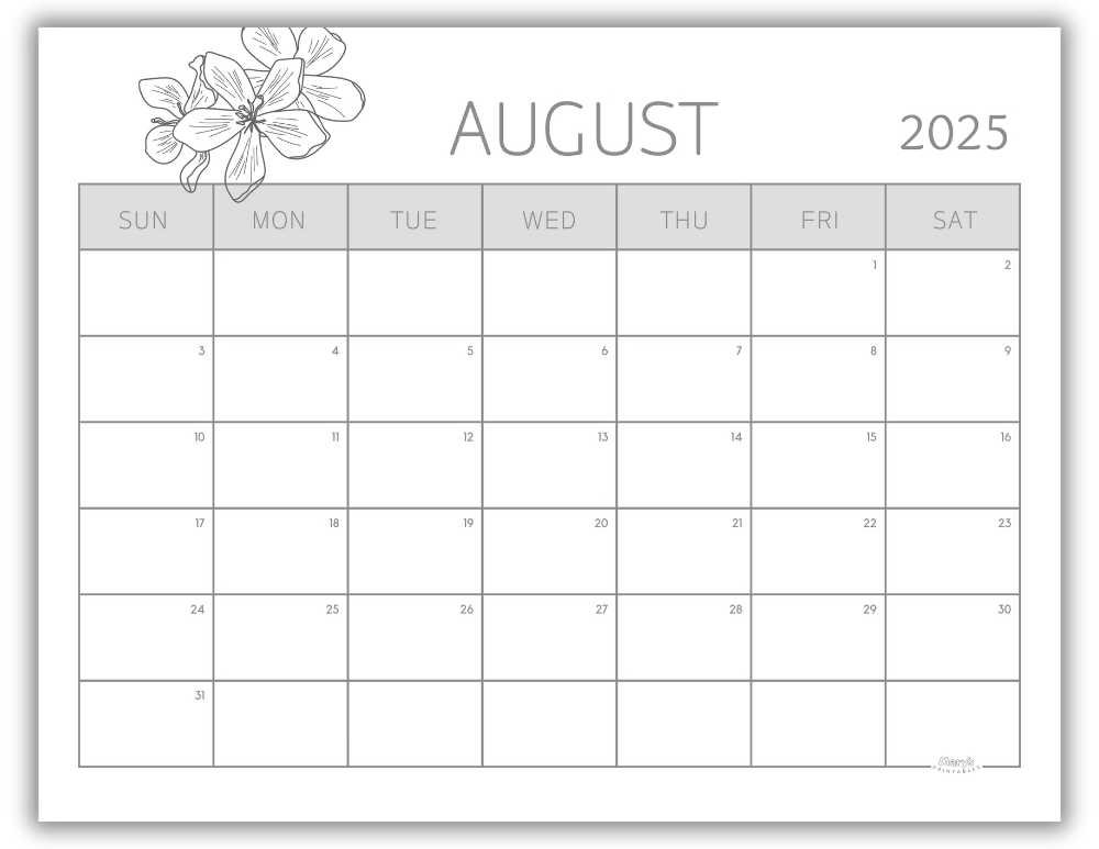 Printable Monthly Calendar for August 2025 Black and White Floral Free Template