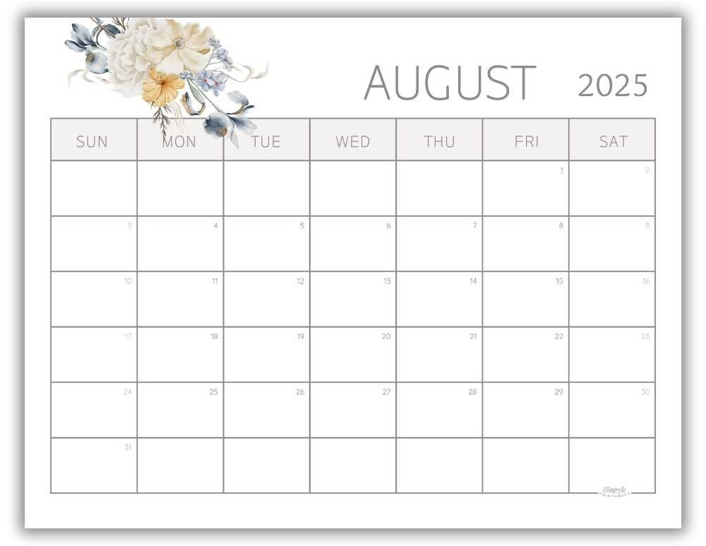 Printable Monthly Calendar for August 2025 Watercolor Floral Free Template