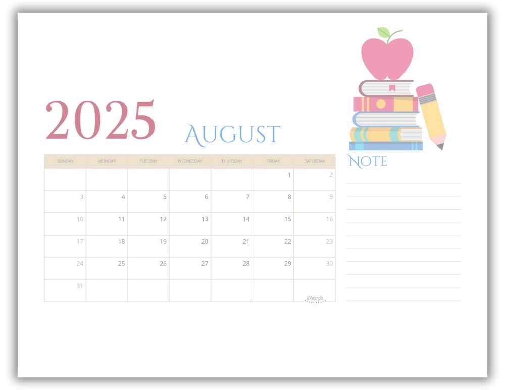 Printable Monthly Calendar for August 2025 Cute Back to School-Themed Free Template