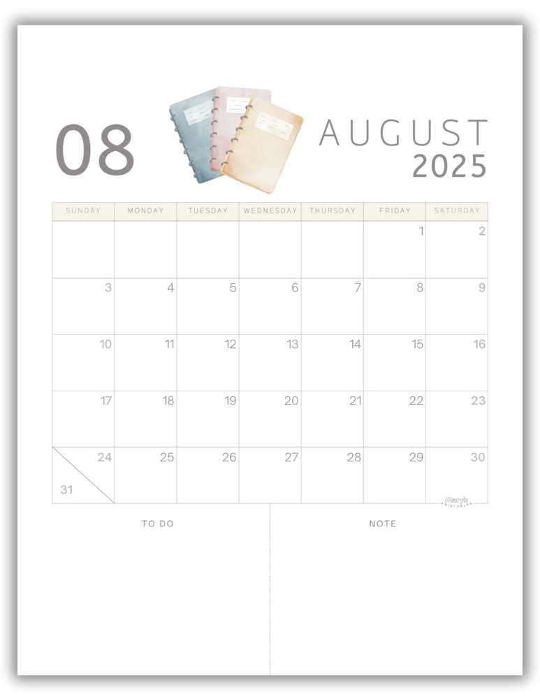 Printable Monthly Calendar for August 2025 Classic Back to School-Themed Free Template