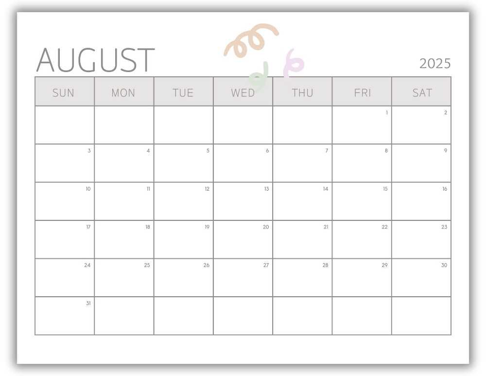 Printable Monthly Calendar for August 2025 Minimalist Back to School-Themed Free Template