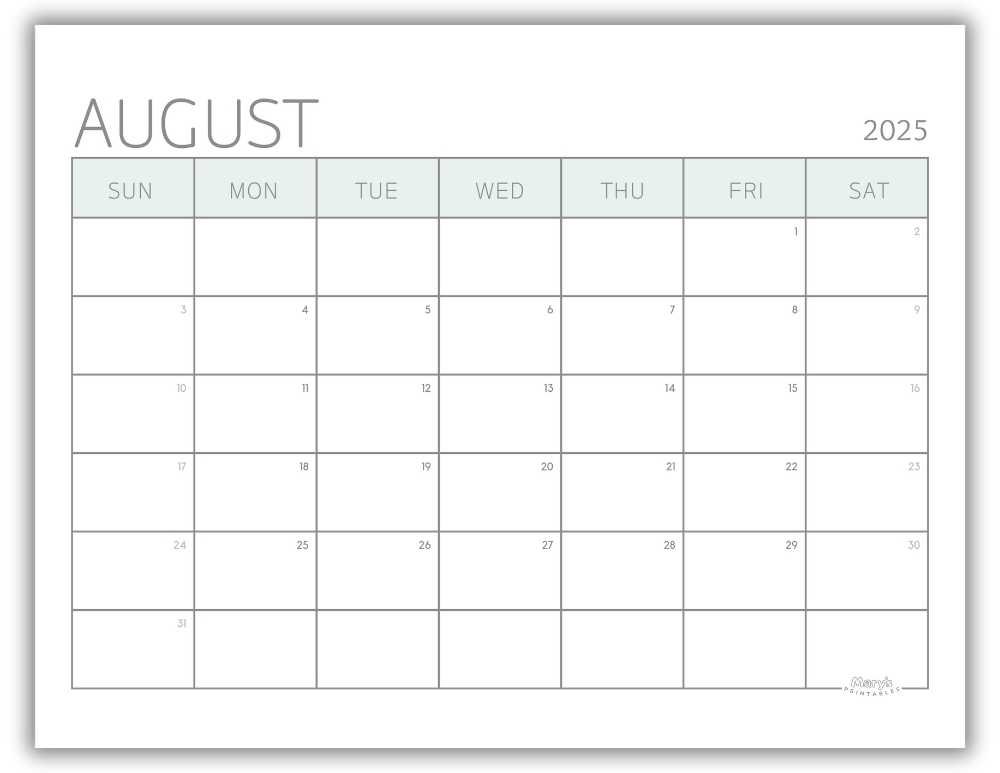 Printable Monthly Calendar for August 2025 Green Minimalist Free Template