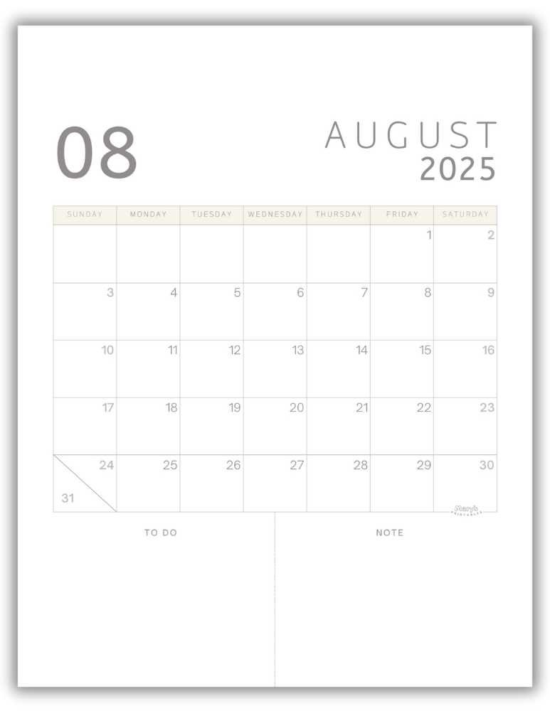 Printable Monthly Calendar for August 2025 Classic Minimalist Free Template