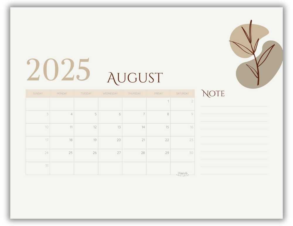 Printable Monthly Calendar for August 2025 Neutral Minimalist Free Template