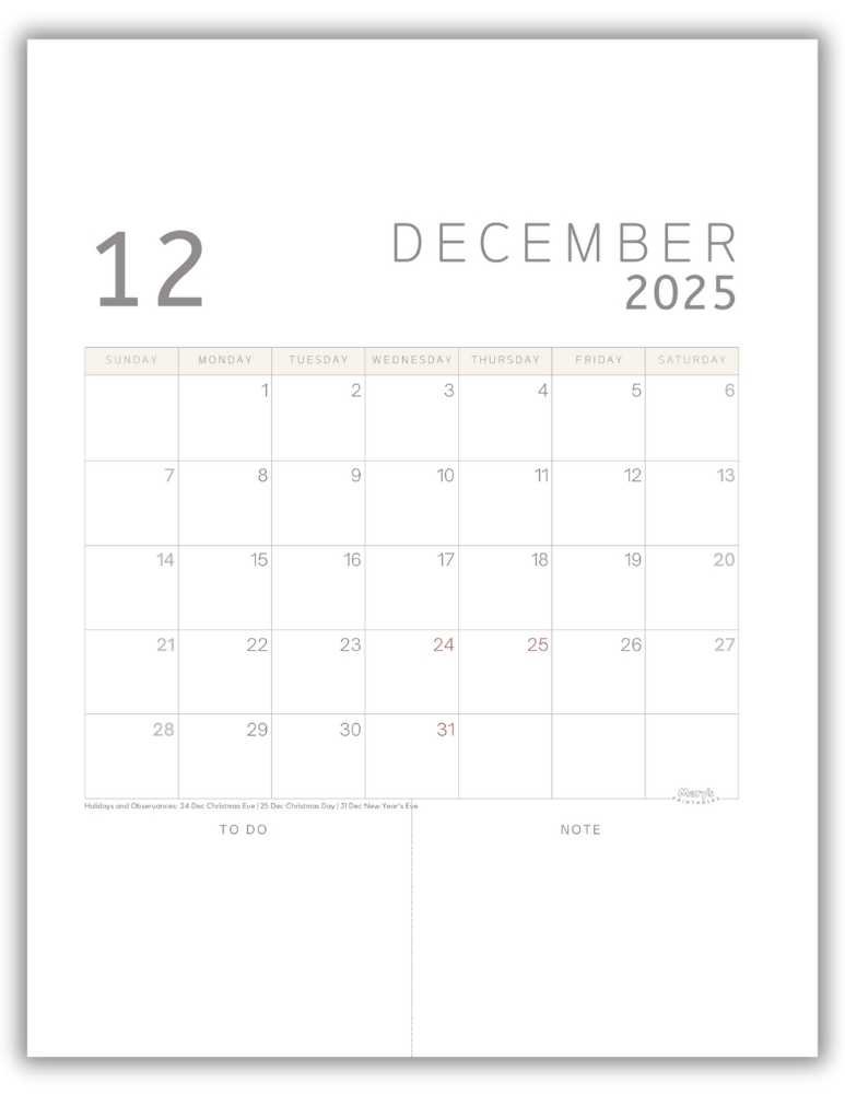 Printable Monthly Calendar for December 2025 Classic Minimalist with US Holidays