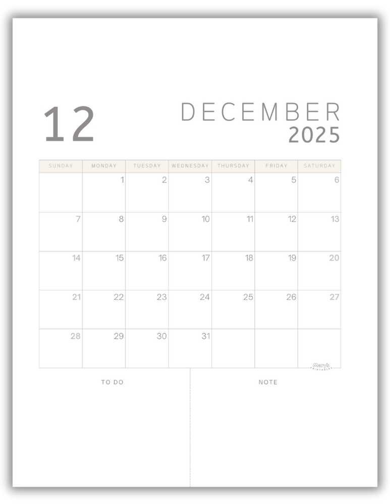 Printable Monthly Calendar for December 2025 Classic Minimalist Free Template