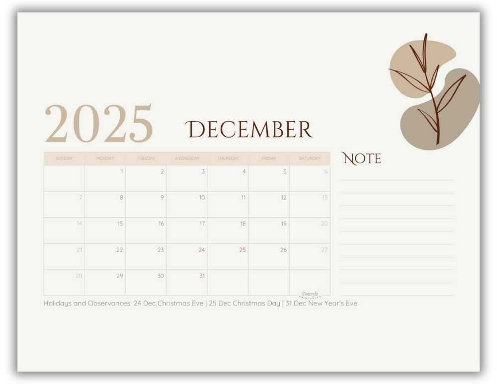 Printable Monthly Calendar for December 2025 Neutral Minimalist with US Holidays