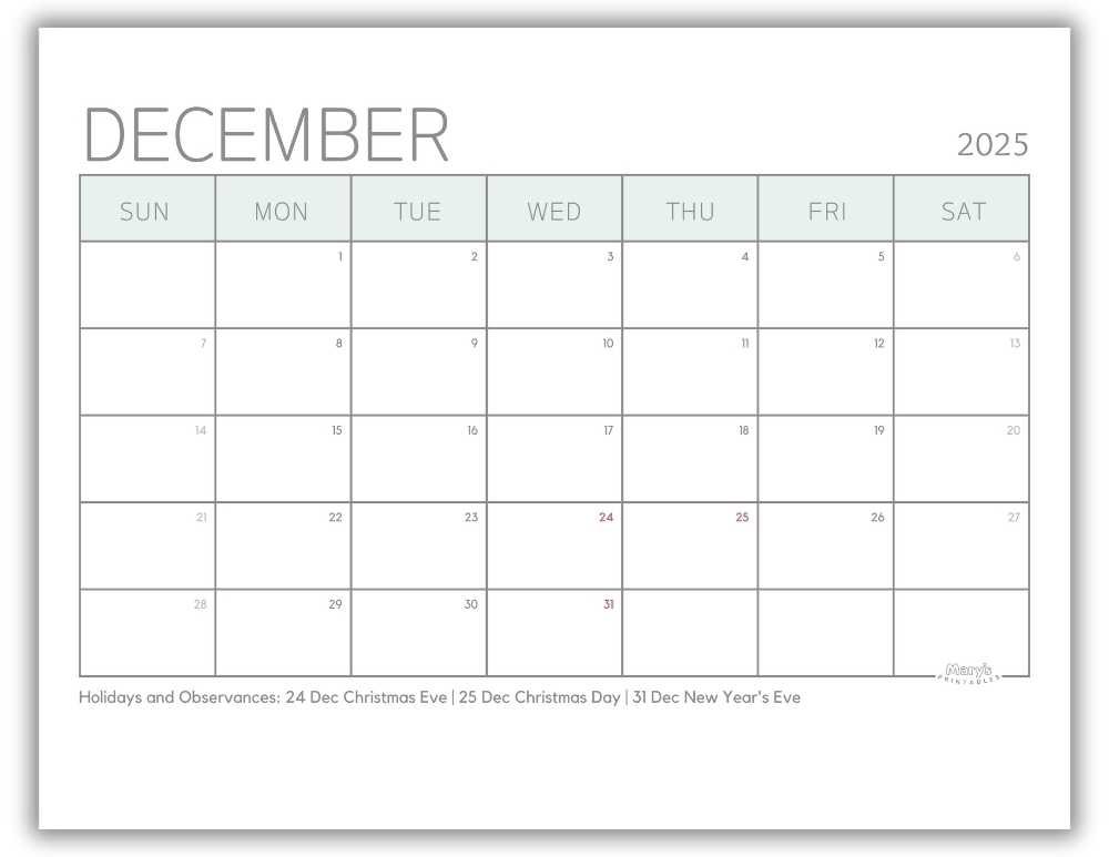 Printable Monthly Calendar for December 2025 Green Minimalist with US Holidays
